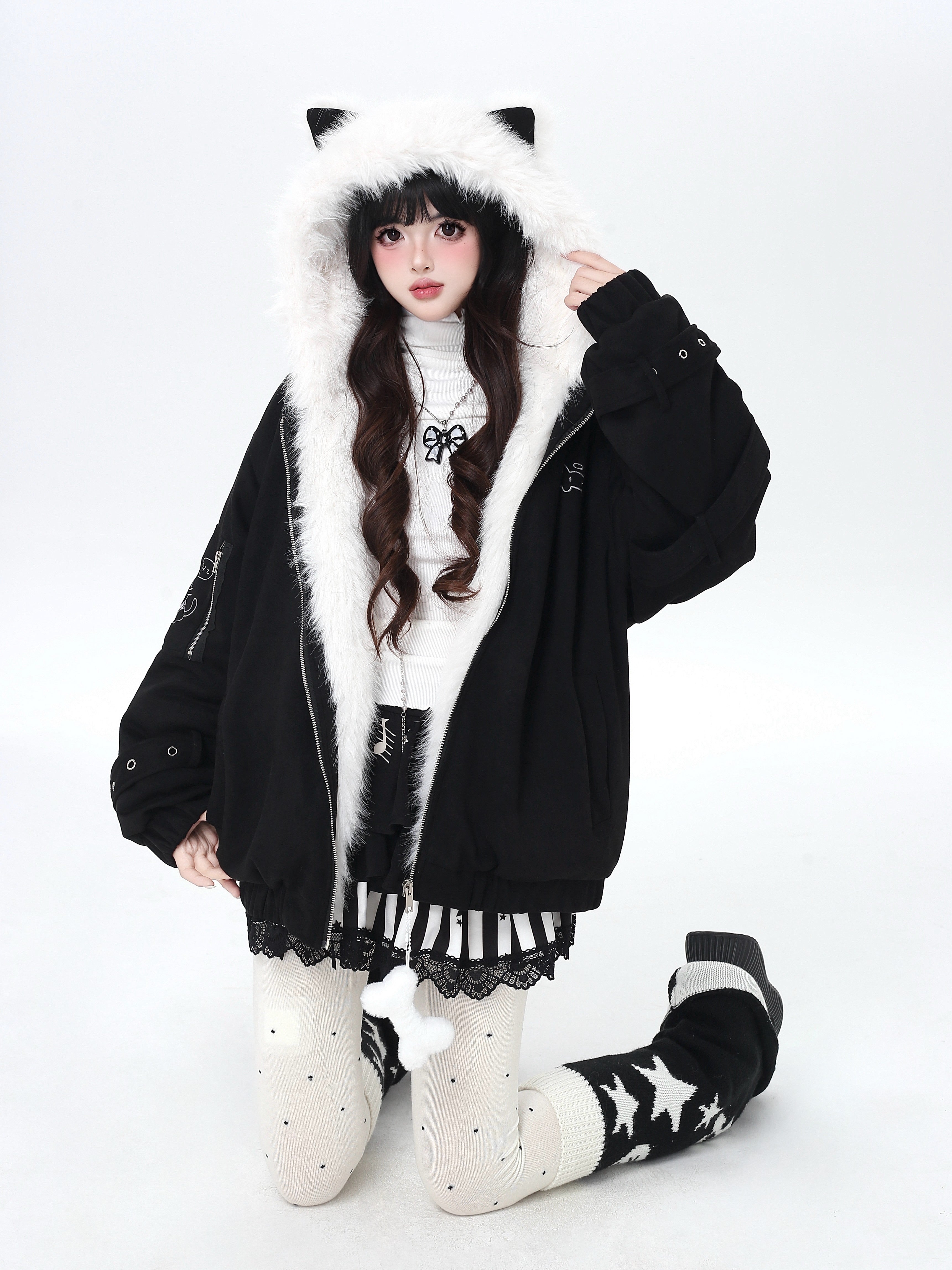 Angel Kitty Fluffy Cat Ear Oversized Quilted Cotton Jacket – Casual Warm Outerwear