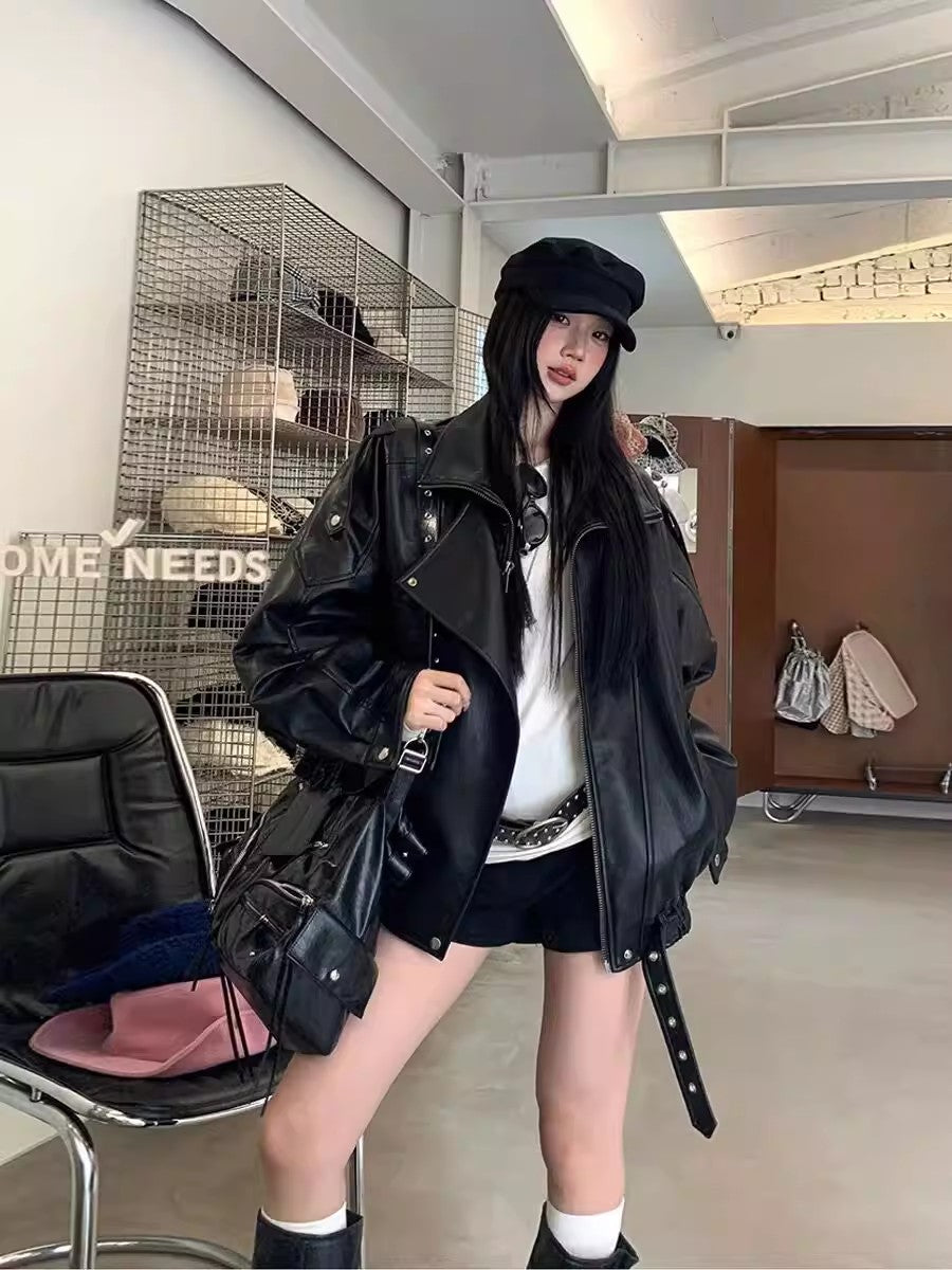 Black PU Leather Moto Jacket- Cool Streetwear Biker Coat Spring Autumn- S-L