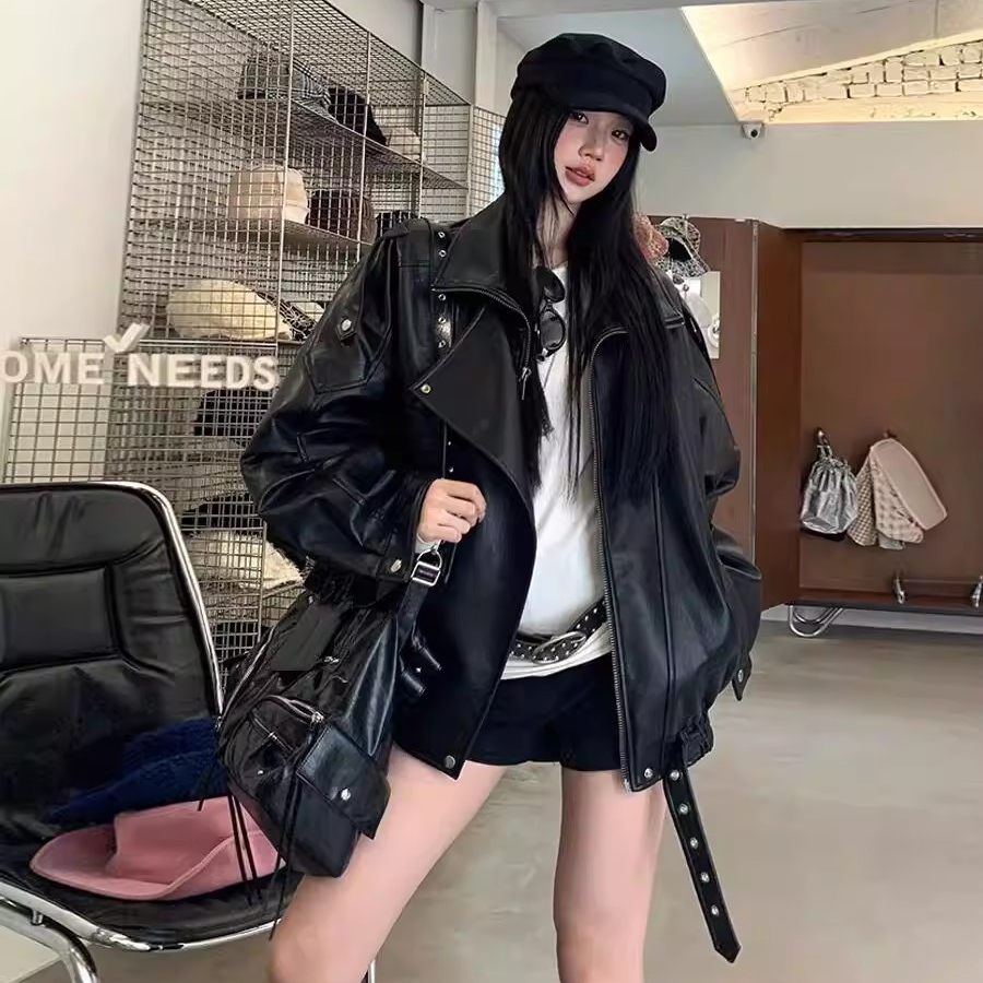 Black PU Leather Moto Jacket- Cool Streetwear Biker Coat Spring Autumn- S-L