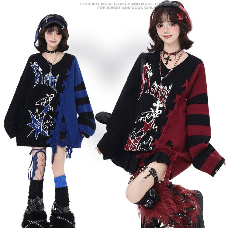 Original V-Neck Color Block Sweet Cool Oversized Sweater – Fall Winter
