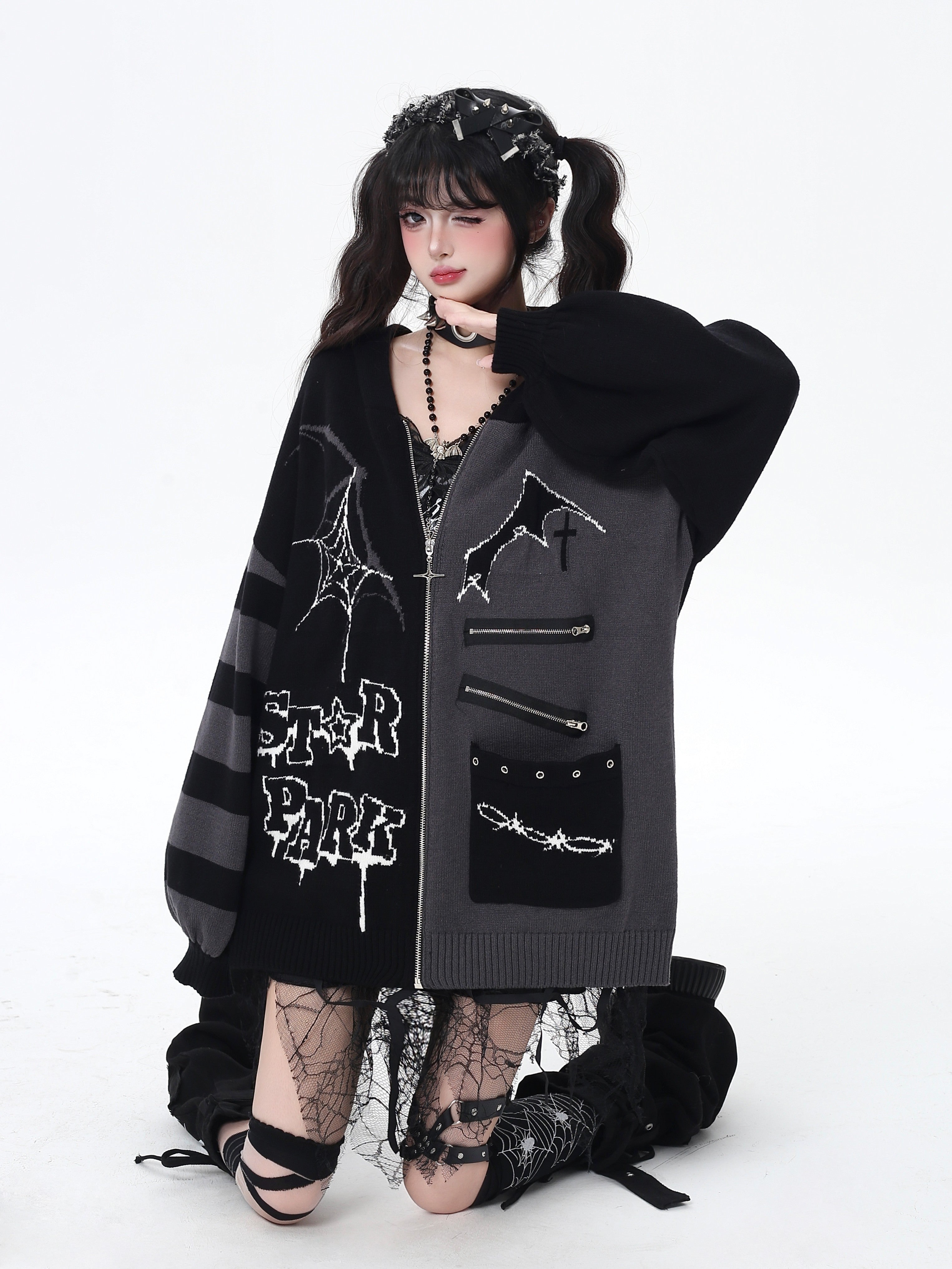 Night Worker Original Gothic Color Block Oversized Knit Cardigan Sweater