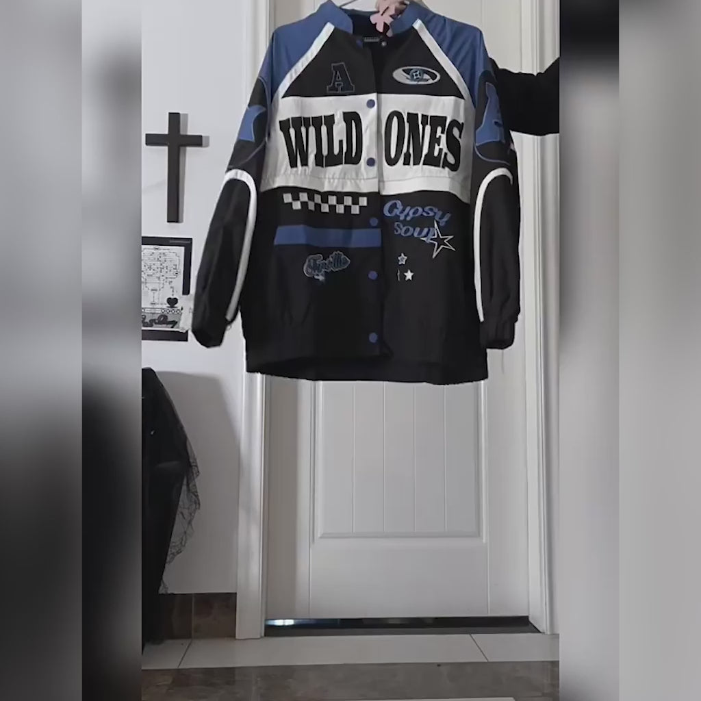 Chaqueta de béisbol con retazos y diseño de motocicleta americana vintage original para estudiantes de intercambio – Otoño Invierno