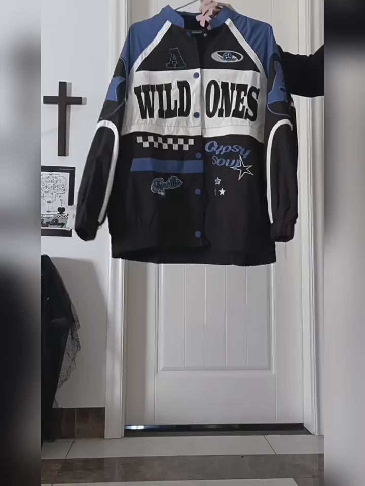 Chaqueta de béisbol con retazos y diseño de motocicleta americana vintage original para estudiantes de intercambio – Otoño Invierno